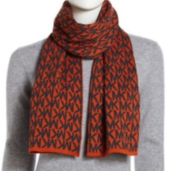 NEW MK MICHEAL Michael  Kors  logo scarf orange w gray - Picture 1 of 11